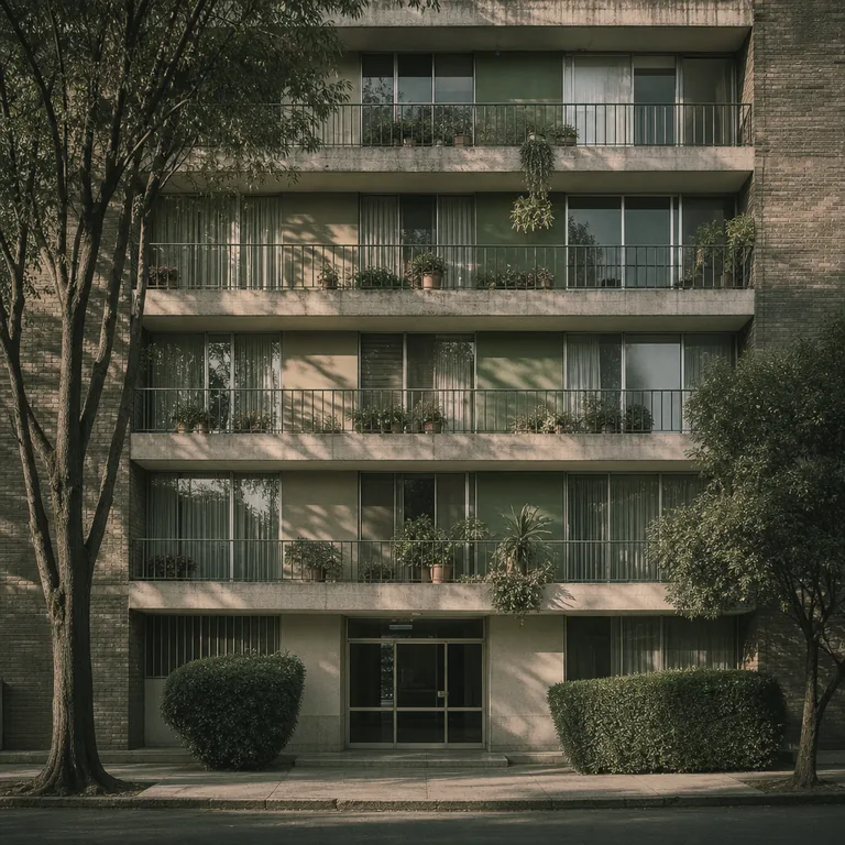 Fachada de un edificio de departamentos de cinco niveles con balcones corridos, macetas y ventanas de aluminio.