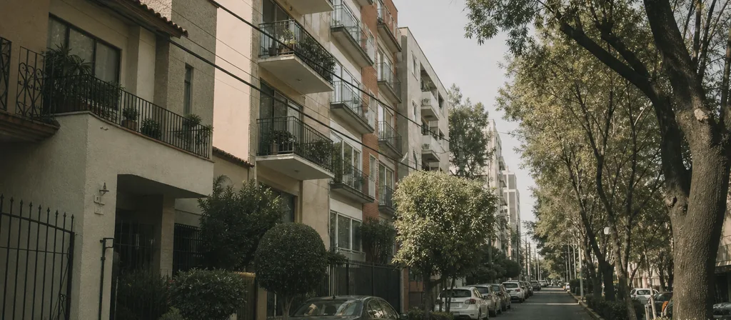 Vista a lo largo de una manzana residencial: edificios de departamentos de cuatro y cinco niveles junto a casas de dos plantas, coches estacionados y árboles de banqueta.