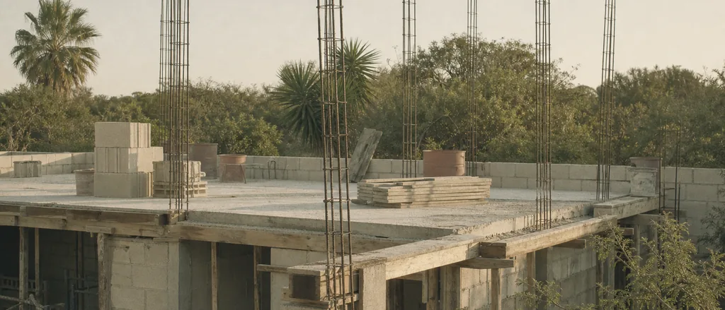 Casa en construcción: varillas de acero armadas saliendo de una losa de concreto, cimbra de madera y muros de block, sin nadie en la obra.