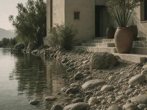 Orilla de un lago donde el agua somera se encuentra con la grava y las piedras, y una casa asentada justo en ese borde.