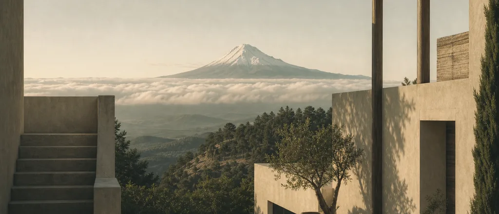 Terraza de una casa con vista a un valle alto y, al fondo, un cono volcánico nevado por encima de la capa de nubes.